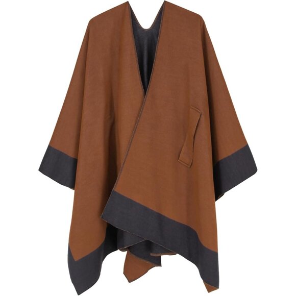 Women's Shawl Wrap Poncho Ruana Cape Open Front Cardigan Fall Winter Camel - Picture 3 of 6